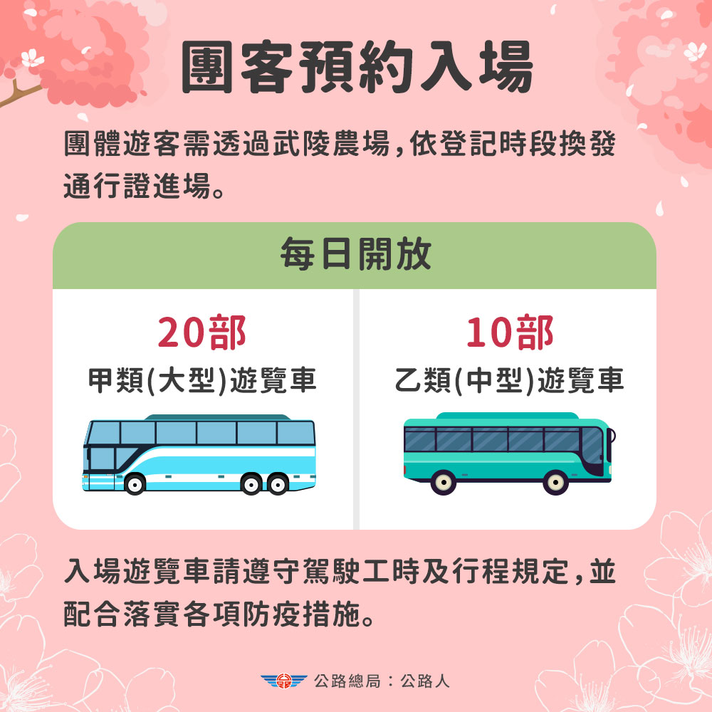 團體遊客入園賞櫻需登記換發通行證。 圖：交通部／提供
