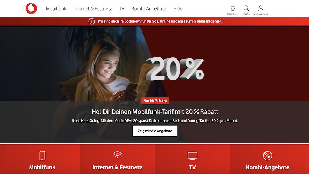 英國電信集團沃達豐（Vodafone）旗下「沃達豐德國」（Vodafone Germany）宣布立即停止CGTN在德國境內播出。 圖：翻攝自Vodafone Germany 官網