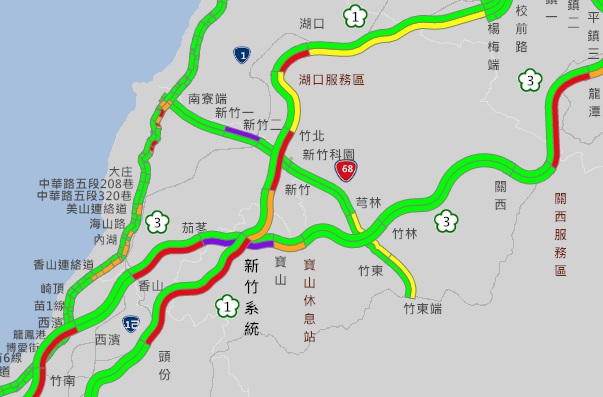 至初四凌晨國道仍有部分路段呈現紫爆及紅爆 圖:翻攝自1968