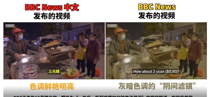 中國網民宣稱在BBC的官網上，找到了其在報導中國時確實會使用「陰間濾鏡」的證據！ 圖 : 影片截圖