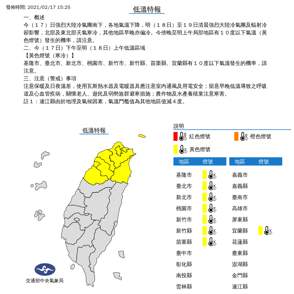 因冷氣團及輻射冷卻影響，氣象局對8縣市發布低溫特報。 圖：中央氣象局／提供
