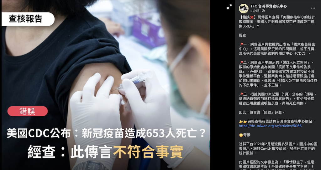 近日在社群平台上流傳「施打Covid-19疫苗者，發生死亡事件的統計數據」。對此，TFC台灣事實查核中心表示，經查證後此傳言不符合事實。 圖：翻攝自TFC台灣事實查核中心Facebook