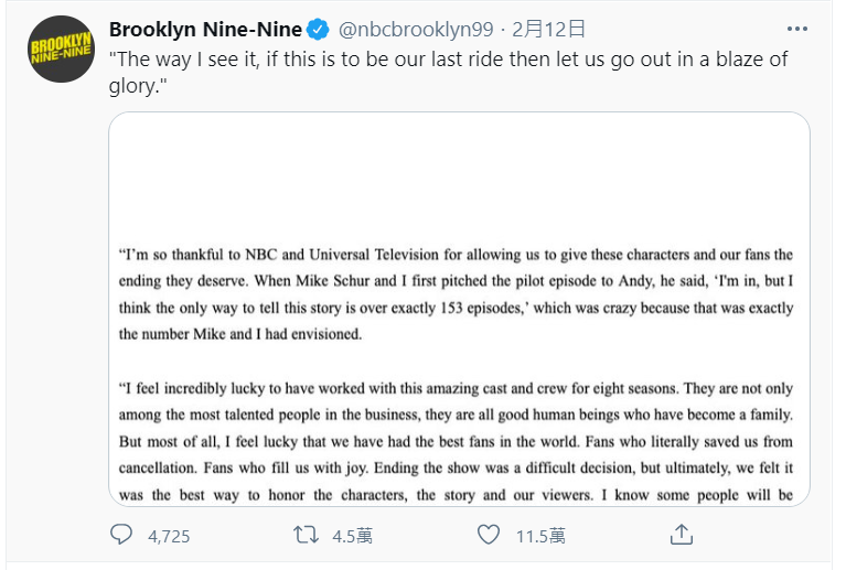美劇《荒唐分局》官方宣布第八季將畫上句點。 圖：取自Brooklyn Nine-Nine Twitter