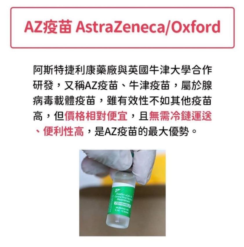 前國民黨副祕書長蔡正元分享了5種疫苗差異。（AZ疫苗） 圖 : 翻攝自蔡正元臉書