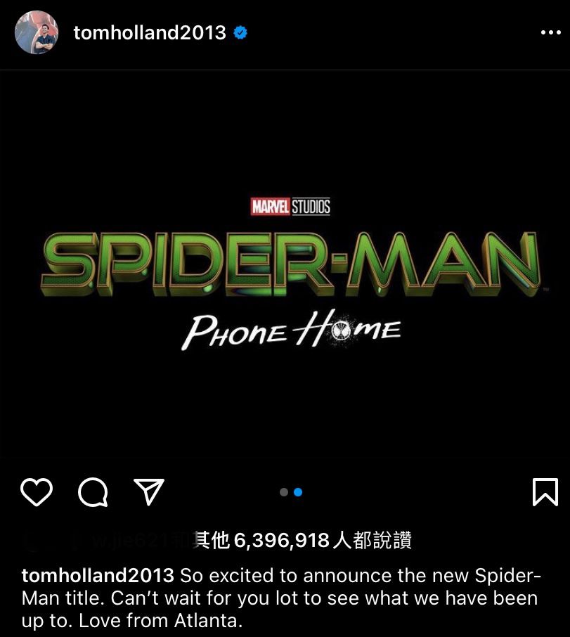 湯姆霍蘭德宣布《蜘蛛人3》的副標題。 圖：翻攝自Tom Holland IG
