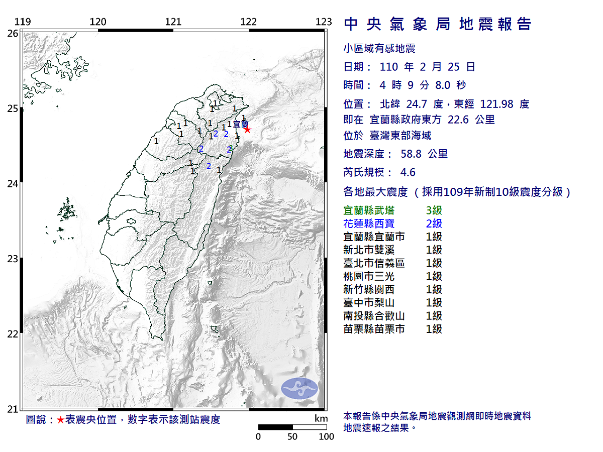 根據中央氣象局最新資訊，25日4時9分發生芮氏規模4.6地震。 圖：氣象局提供
