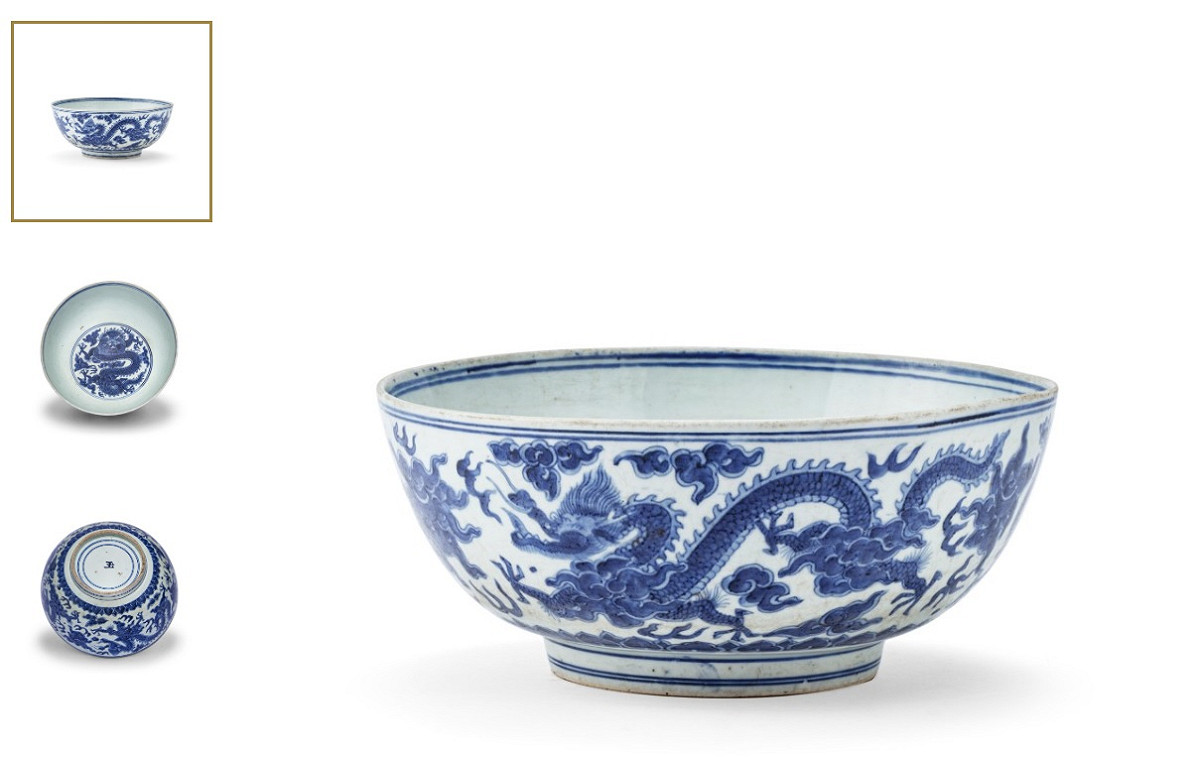 有民眾近日在美國蘇富比拍賣所（Sotheby's）販售自己從跳蚤市場以35美元購買的青花瓷碗，未料在鑑定後竟發現，這個碗是15世紀的中國古董，價值高達50萬美元。 圖：翻攝自Courtesy Sotheby's官網