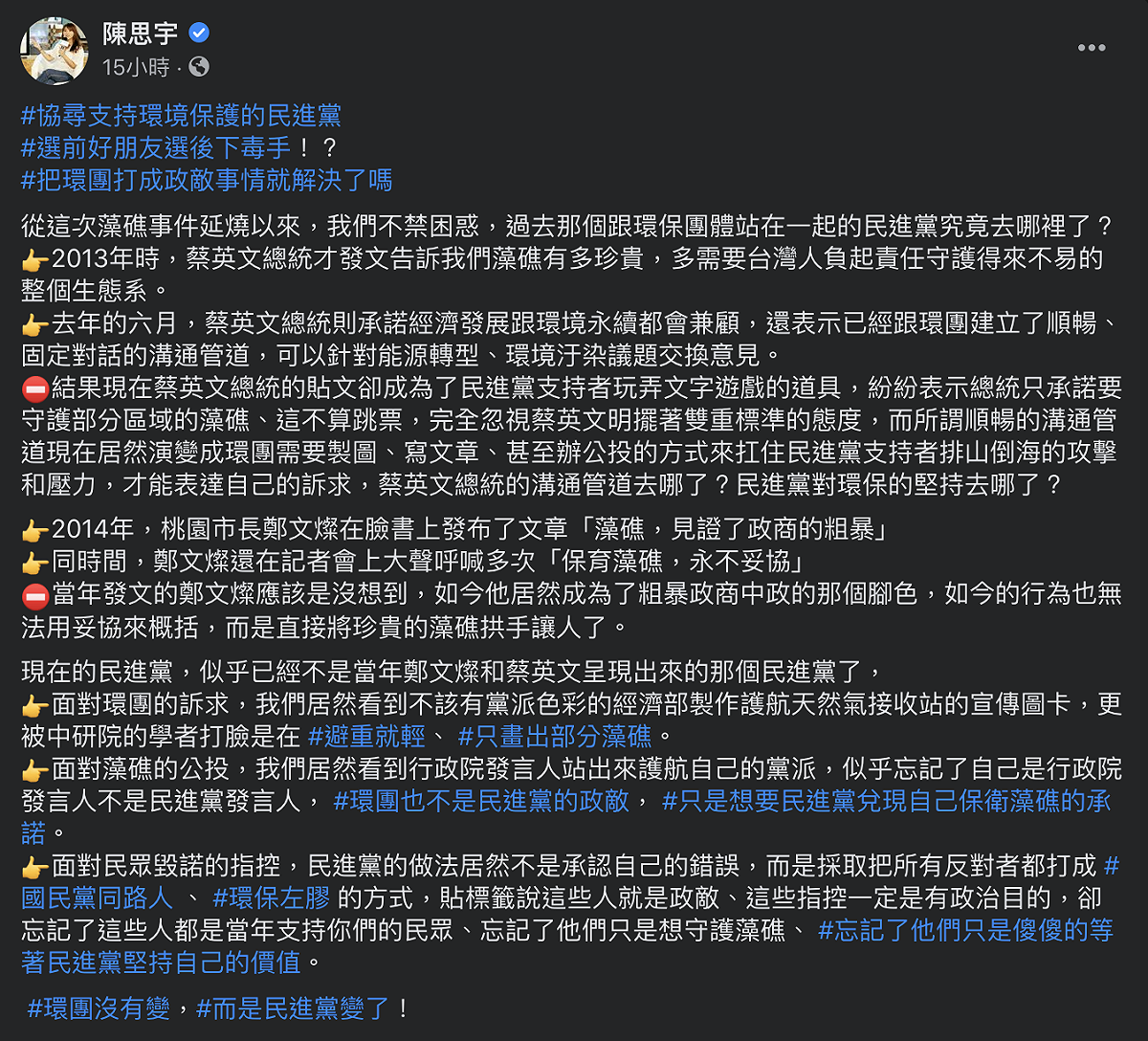 民眾黨立法委員邱臣遠國會辦公室主任陳思宇今（26）日在社群媒體寫下「環團沒有變，而是民進黨變了！」。 圖：翻攝自陳思宇臉書