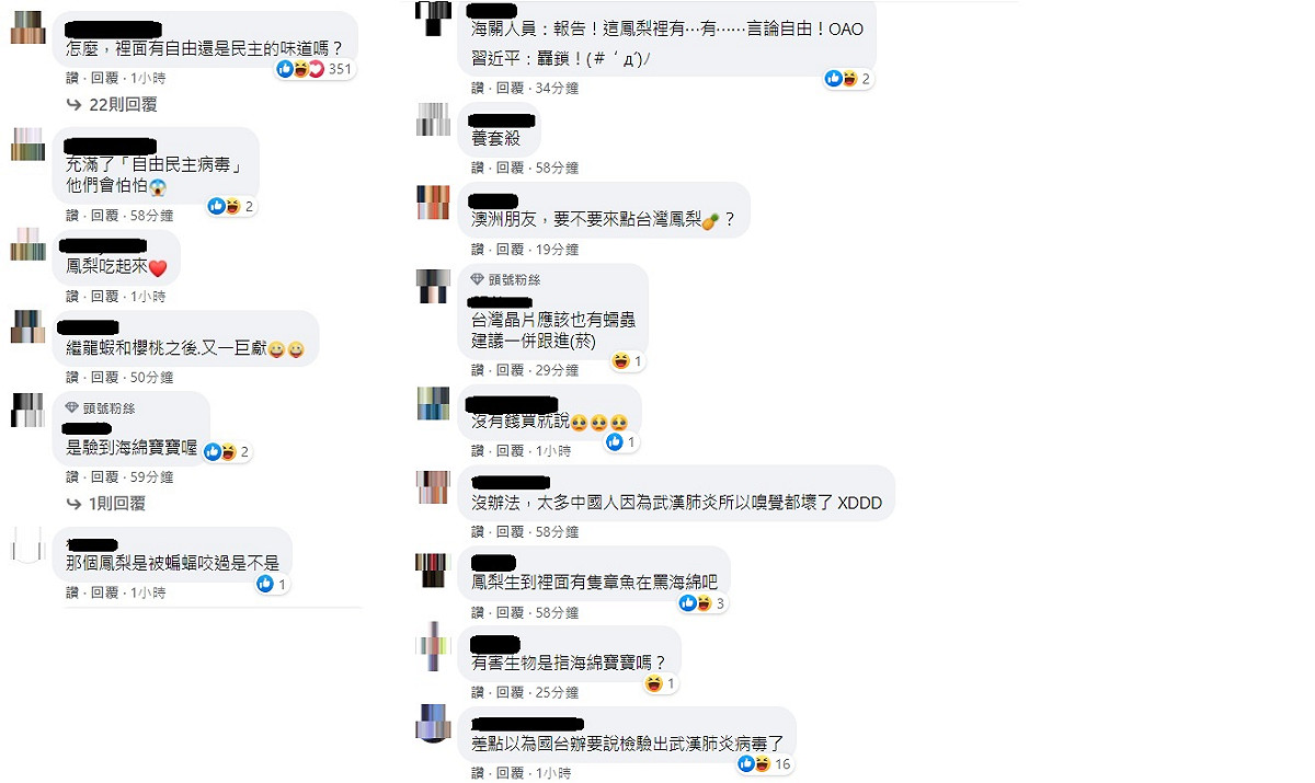 在中國宣布禁止台灣鳳梨輸入後，許多台灣網友紛紛反酸，「怎麼，裡面有自由還是民主的味道嗎？」 圖:翻攝自台灣也有一個騰訊臉書