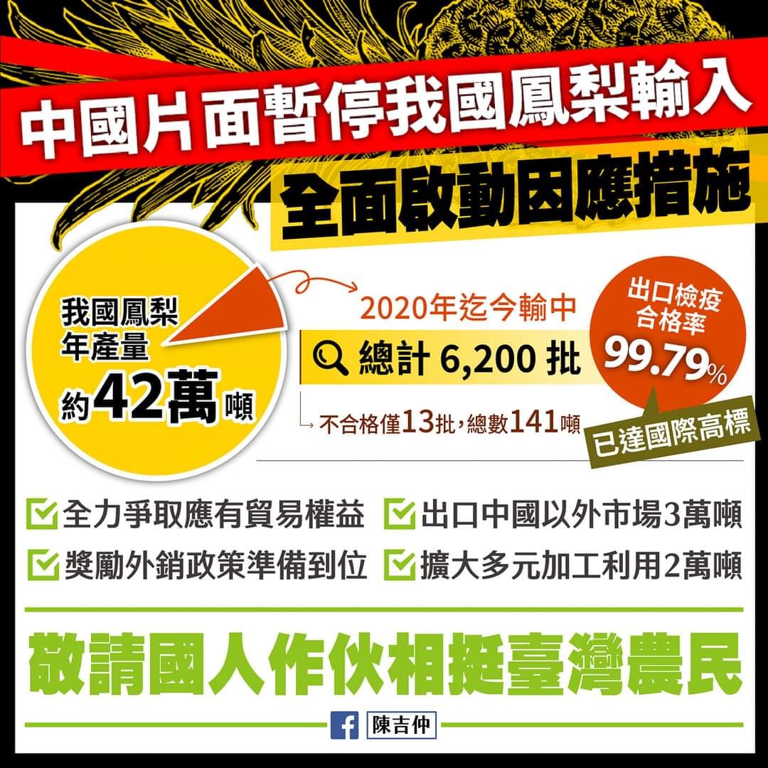 張惇涵臉書分享農委會主委陳吉仲「中國片面暫停我國鳳梨輸入，全面啟動因應措施」的臉書發圖片。 圖：擷自總統府發言人張惇涵臉書