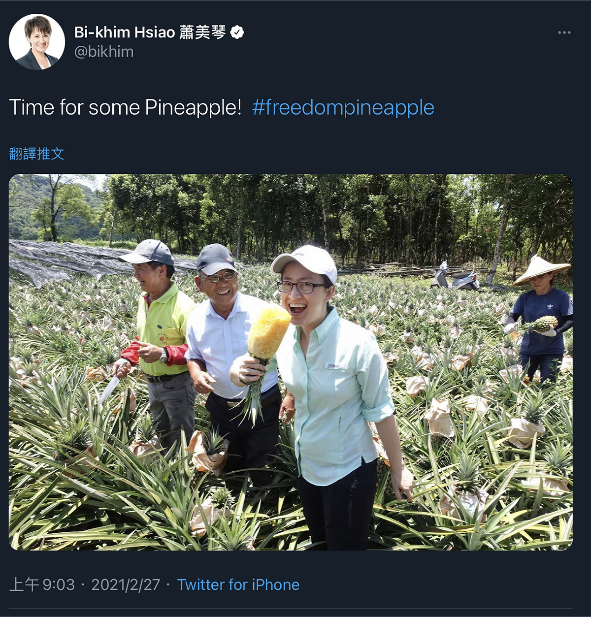 駐美代表蕭美琴今日在推特上貼出鳳梨合照，推文寫道：「是時候來點鳳梨了！」並在文末附上「自由鳳梨」標籤。 圖：翻攝自蕭美琴推特