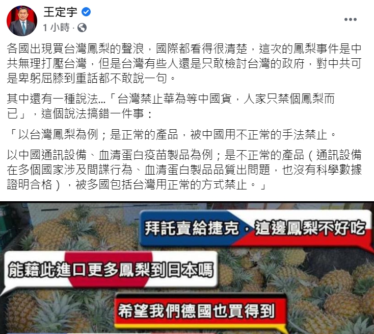 王定宇在臉書po文砲轟中國打壓台灣。 圖 : 翻攝自王定宇臉書
