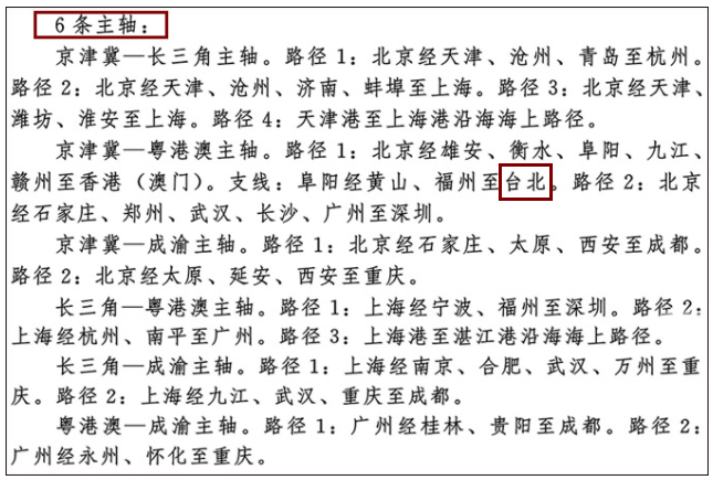 中國國務院24日發表《國家綜合立體交通網規劃綱要》，有6條交通主軸，其中一條「京津冀-粵港澳」包含「台北」 圖：翻攝自觀察者網