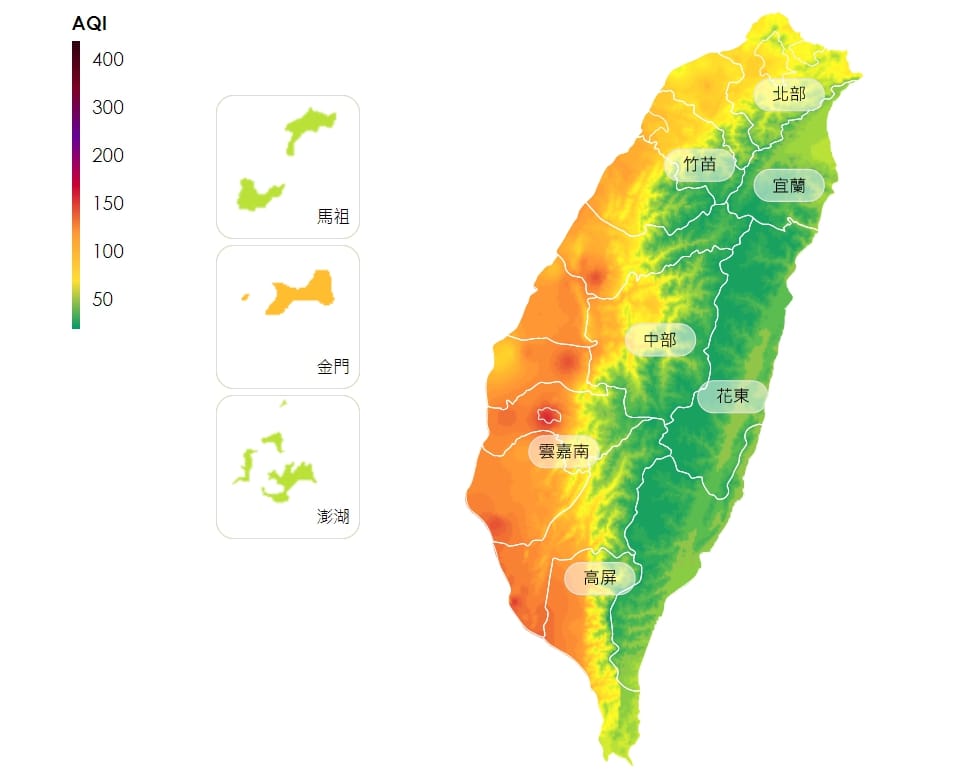 今（1日）空氣品質亮橘燈，雲嘉地區更亮起了紅燈。 圖 : 翻攝自環保署空氣品質監測網