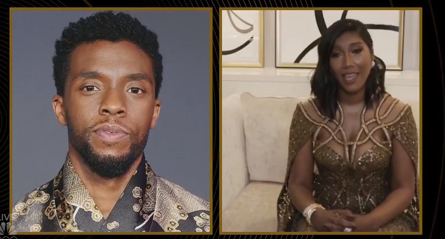查維克博斯曼的妻子為他領獎與致詞。 圖 : 翻攝自Golden Globe Awards twitter