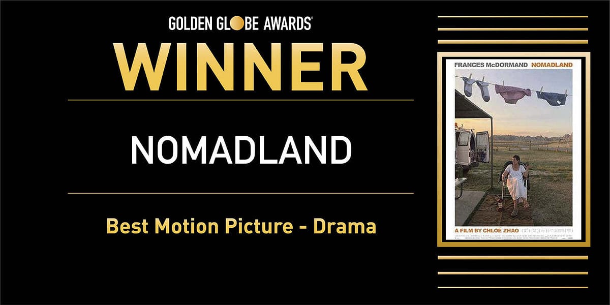 《游牧人生》（Nomadland）亦拿下第78屆金球獎最佳電影。 圖：翻攝自Golden Globes 臉書