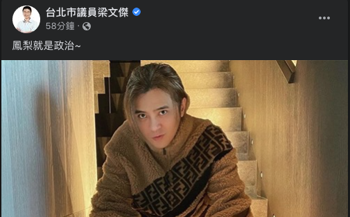 羅志祥宣布認購200箱鳳梨一事引發中國網路上的韭菜不滿批評。對此，民進黨台北市議員梁文傑今（1）日在臉書簡短說：「鳳梨就是政治～」 圖：翻攝自台北市議員梁文傑臉書