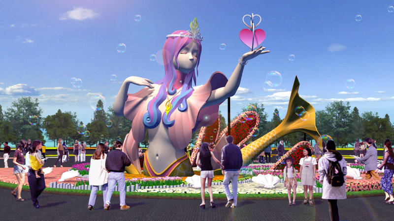 2021桃園彩色海芋季的主花毯為5米高的「愛神美人魚」。 圖：桃園市農業局／提供