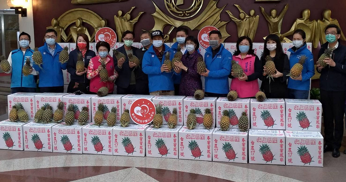 新北市議會國民黨團今天認購700箱鳳梨，捐助弱勢。 圖：王峻昌／攝