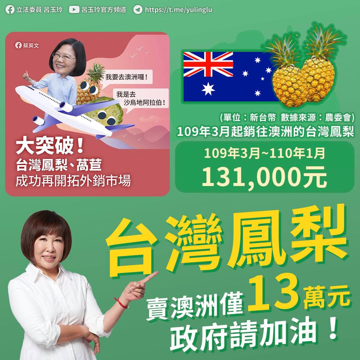 立委呂玉玲大酸，希望政府能夠把「大內宣」的心力，多分一些給農民和世界各國。 圖：翻攝自呂玉玲臉書
