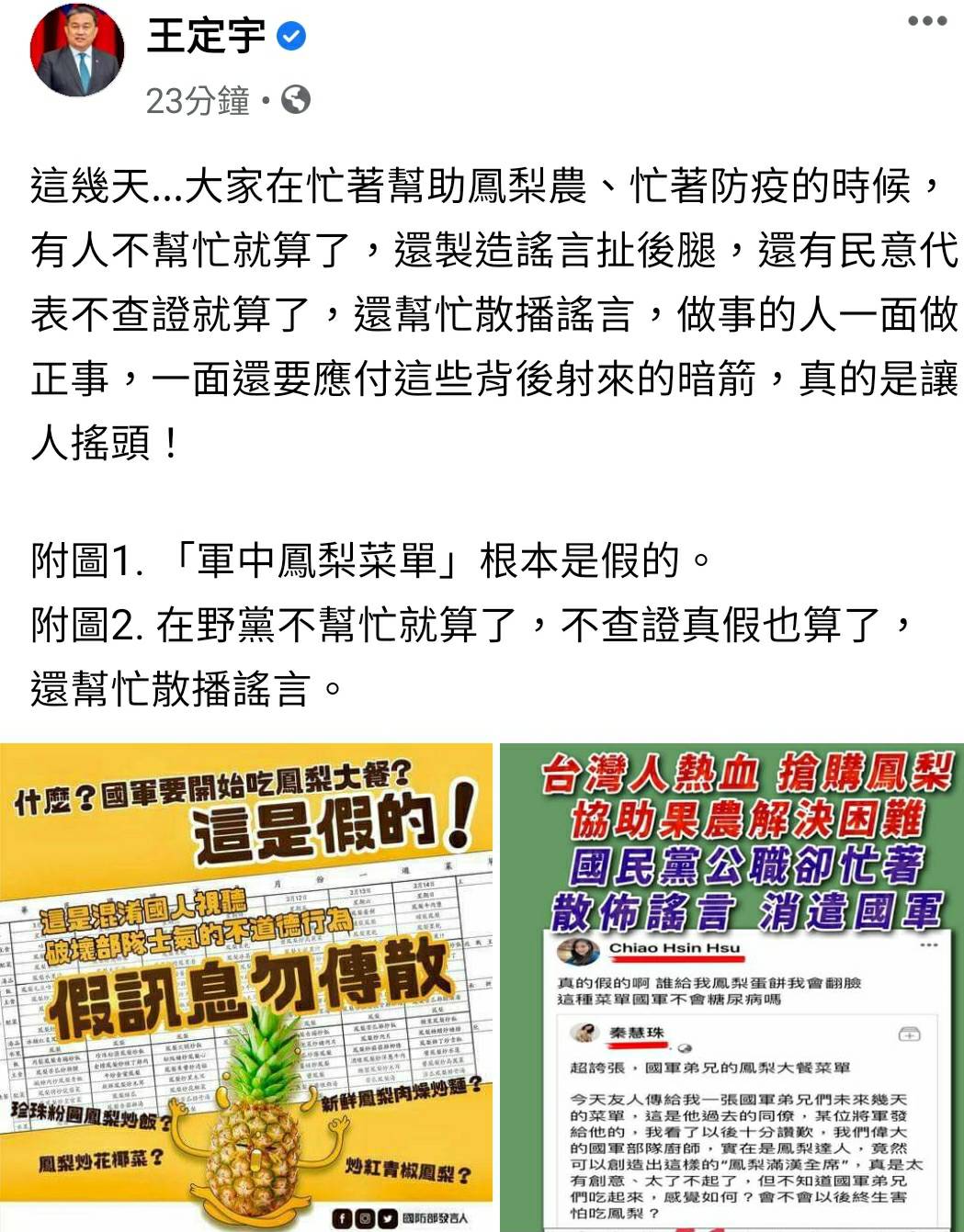 民進黨立委王定宇今（3）日表示，在野黨不幫忙農民、不查證真假也就算了，還幫忙散播「國軍鳳梨菜單」謠言，真的是讓人搖頭！ 圖：翻攝王定宇臉書