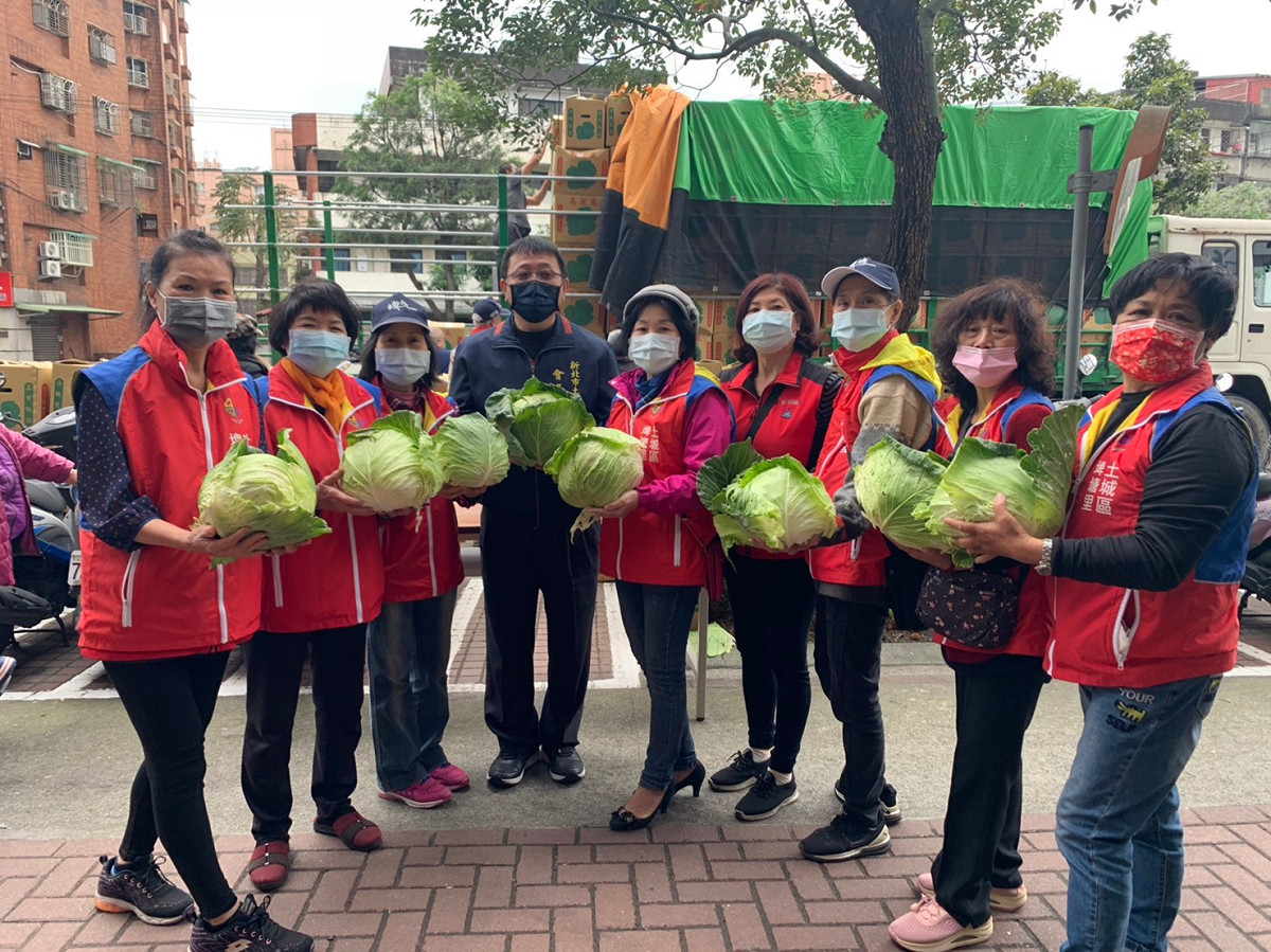 土城區里長聯誼會媒合在地企業，以50萬元認購5萬公斤高麗菜，由在地47位里長協助分送給里民及弱勢家庭，挺菜農兼做公益。 圖：新北市民政局提供