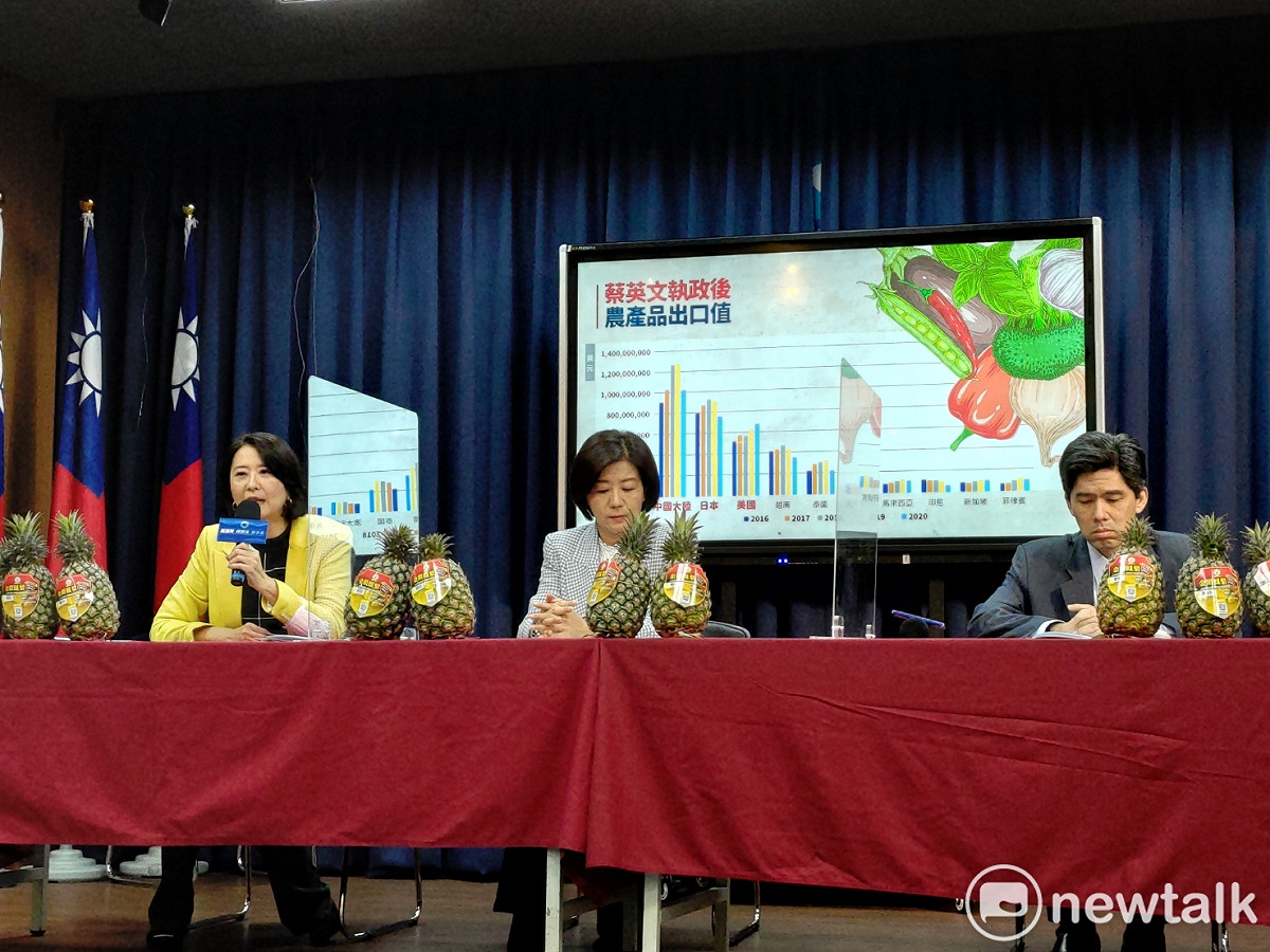 國民黨針對鳳梨出口受阻問題，召開記者會對蔡政府提出質疑。 圖：黃建豪/攝
