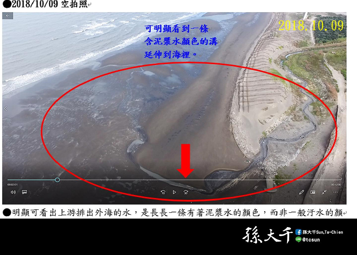 孫大千表示，草漯沙丘附近埋著砂石場排放汙泥的暗管。 圖：擷取自孫大千臉書