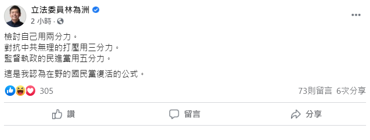 林為洲稍早在臉書上指出，檢討自己用兩分力，對抗中共無理的打壓用三分力，監督執政的民進黨用五分力，這是他認為在野的國民黨復活的公式。 圖：翻攝自林為洲臉書