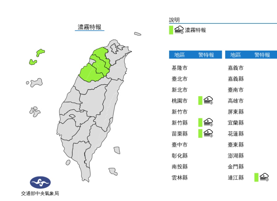 中央氣象局發布濃霧特報，西半部地區及金門、馬祖易有局部霧或低雲影響能見度。 圖/中央氣象局