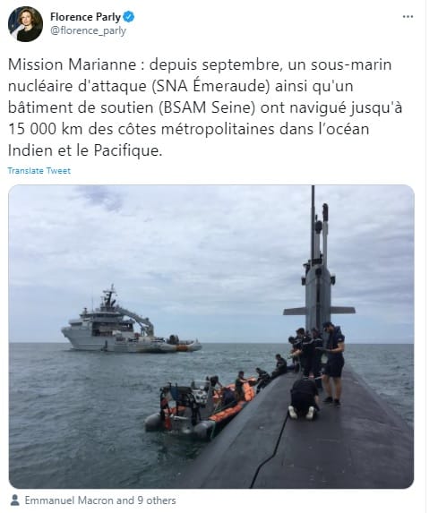 法國國防部長帕爾麗上個月貼文指出該國艦艇已在南海等印太海域巡航 圖：帕爾麗推特