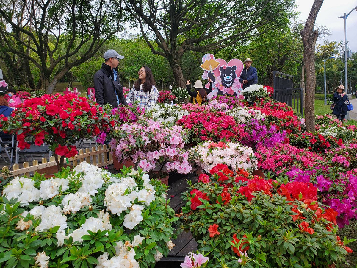杜鵑花季期間公園內有多處熊讚打卡牌。 圖：台北市政府／提供