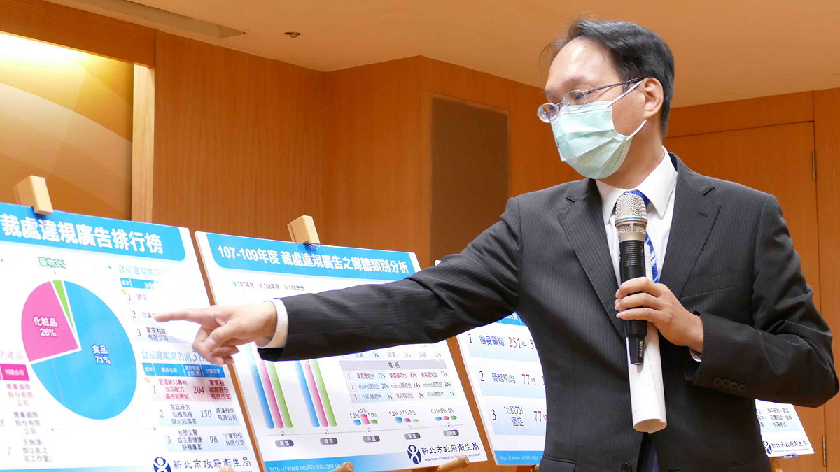 新北市衛生局副局長許朝程說明查獲違規廣告及開罰情形。 圖：新北市衛生局提供
