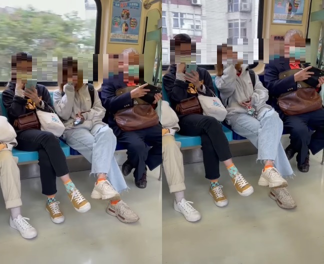 阿伯搭乘捷運時，耳機沒插好，使得影片中的嬌喘聲響徹整間車廂。 圖:翻攝自爆廢1公社
