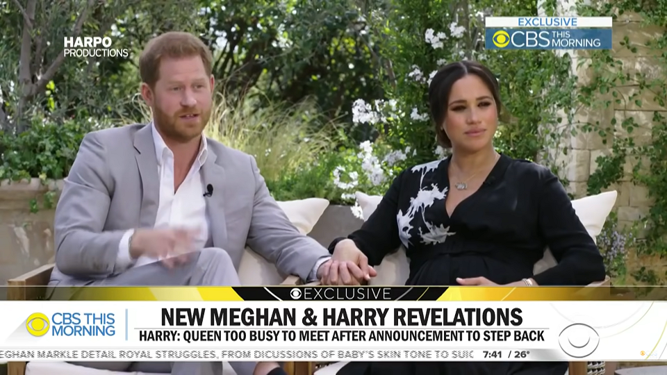 日前英國哈利王子（Prince Harry）和妻子梅根（Meghan Markle）接受美國名主持人歐普拉（Oprah Winfre）專訪。 圖：翻攝自 CBS This Morning Youtube