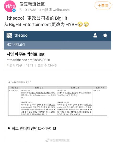 使用了16年的社名「Big Hit」要正式走入歷史，並公布了新的公司名稱，引發一片熱議。 圖：翻攝自微博