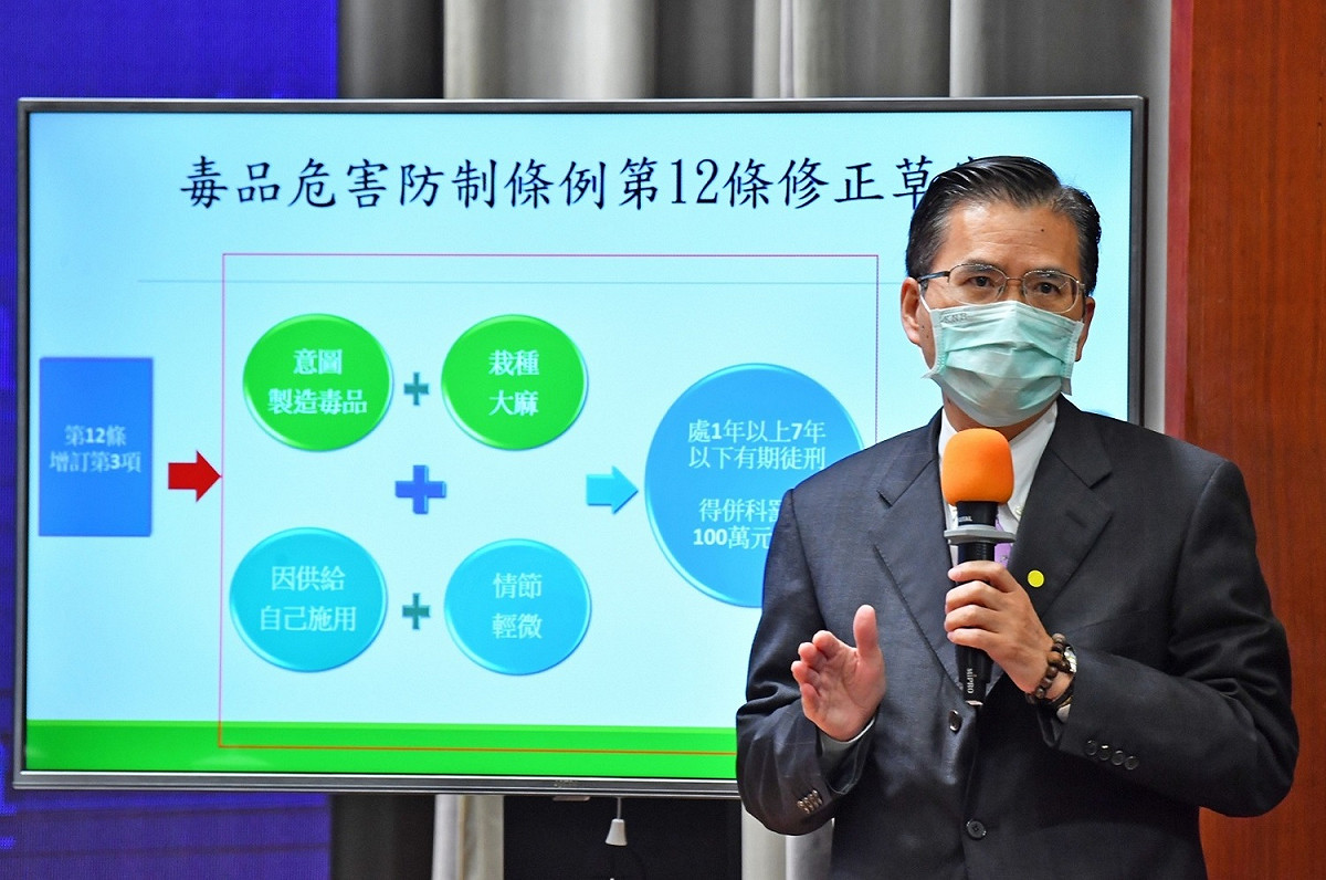 法務部檢察司長林錦村說明毒品危害防制條例第12條、第36條修正草案。 圖：行政院提供