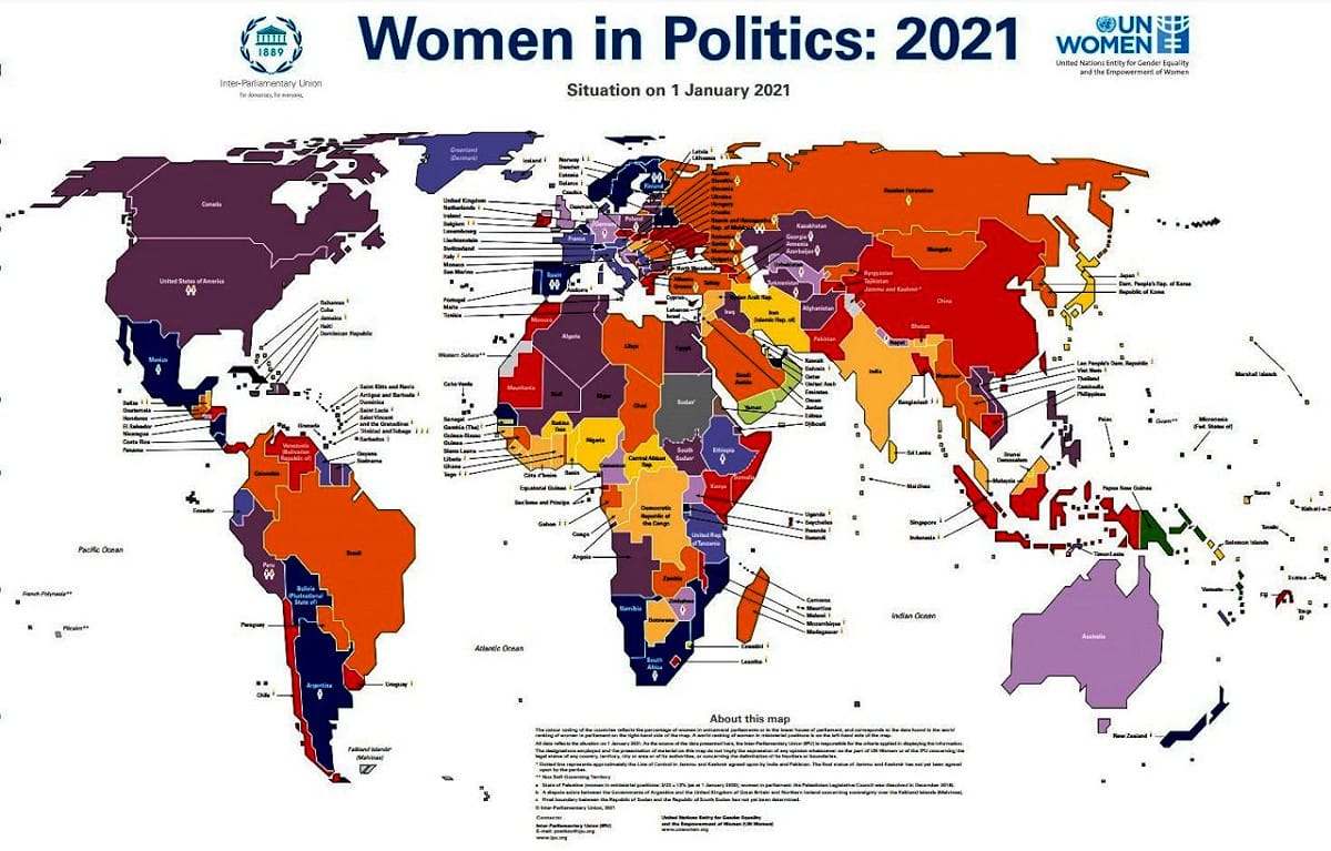 圖 : 聯合國婦女署暨國際國會聯盟發表之2021全球女性參政地圖。 翻攝自IPU
