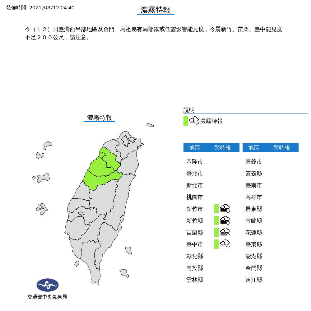 西半部地區的新竹縣市、苗栗縣與台中市，今天清晨出現局部濃霧，用路人要小心。 圖：中央氣象局/提供