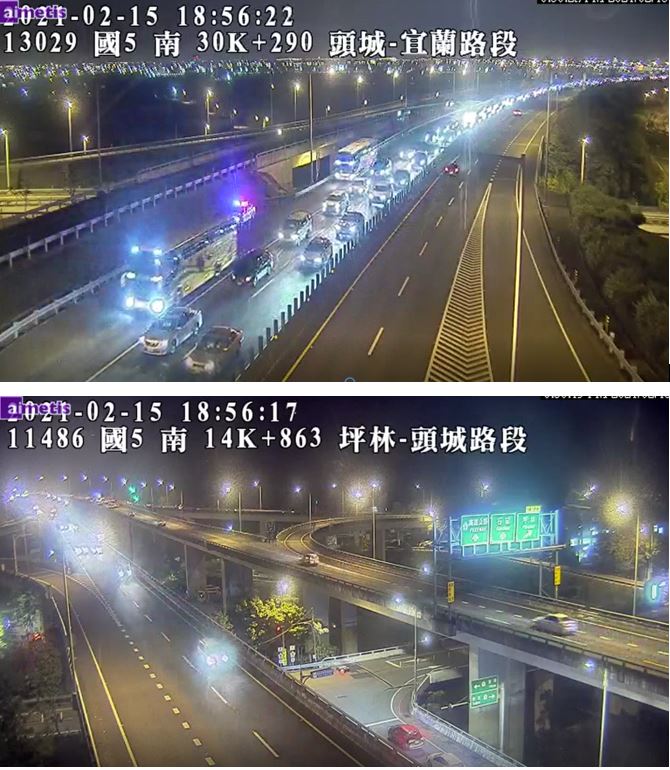 2021/2/15雪山隧道北上同時段進隧道前與出隧道照片。 圖：高公局／提供