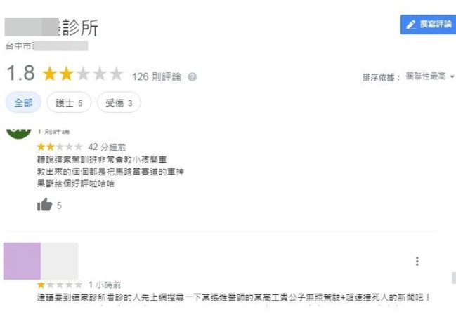 張姓高中生父親經營的醫美診所google評論短詩間內湧入大量負評。 圖：翻攝google