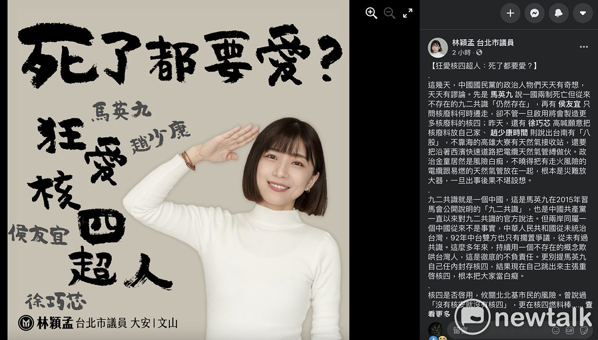 無黨籍台北市議員林穎孟在臉書發文嗆國民黨政治人物馬英九、趙少康、侯友宜及徐巧芯。 圖：翻攝林穎孟臉書