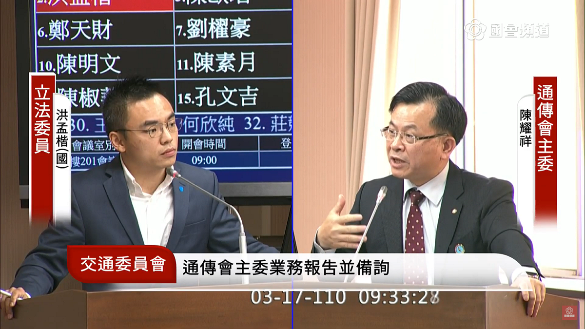 國民黨立委洪孟楷質詢NCC主委陳耀祥，是否有電視台報導特定立委醜聞比例過低。 圖：取自國會頻道