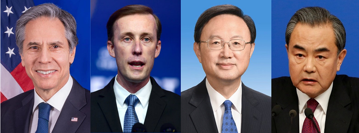 美國國務卿布林肯（左1）、國安顧問蘇利文（左2）18日將在阿拉斯加與中共中央政治局委員楊潔篪（左3）、中國外交部部長王毅（左4）會面。 圖：取自Twitter、路透社。新頭殼合成