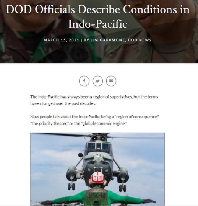 美國國防部發表一份公開聲明：《國防部官員闡述印太情勢》（DOD Officials Describe Conditions in Indo-Pacific）。 圖：翻攝U.S. Department of Defense網站