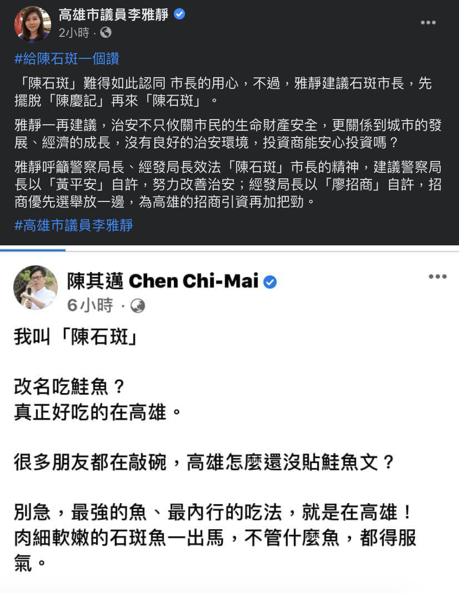 國民黨高雄市議員李雅靜今（18）日酸說，建議「石斑市長」先擺脫「陳慶記」再來「陳石班」。 圖：翻攝自高雄市議員李雅靜臉書