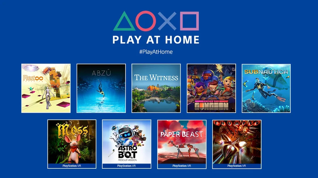 「Play at Home」本輪十款遊戲包括：《Abzu》、《Enter the Gungeon》、《Rez Infinite》、《Subnautica》、《The Witness》、《地平線：期待黎明》以及四款VR導向遊戲《Astro Bot Rescue Mission》、《Moss》、《Thumper》、《Paper Beast》。 圖：翻攝自PS部落格