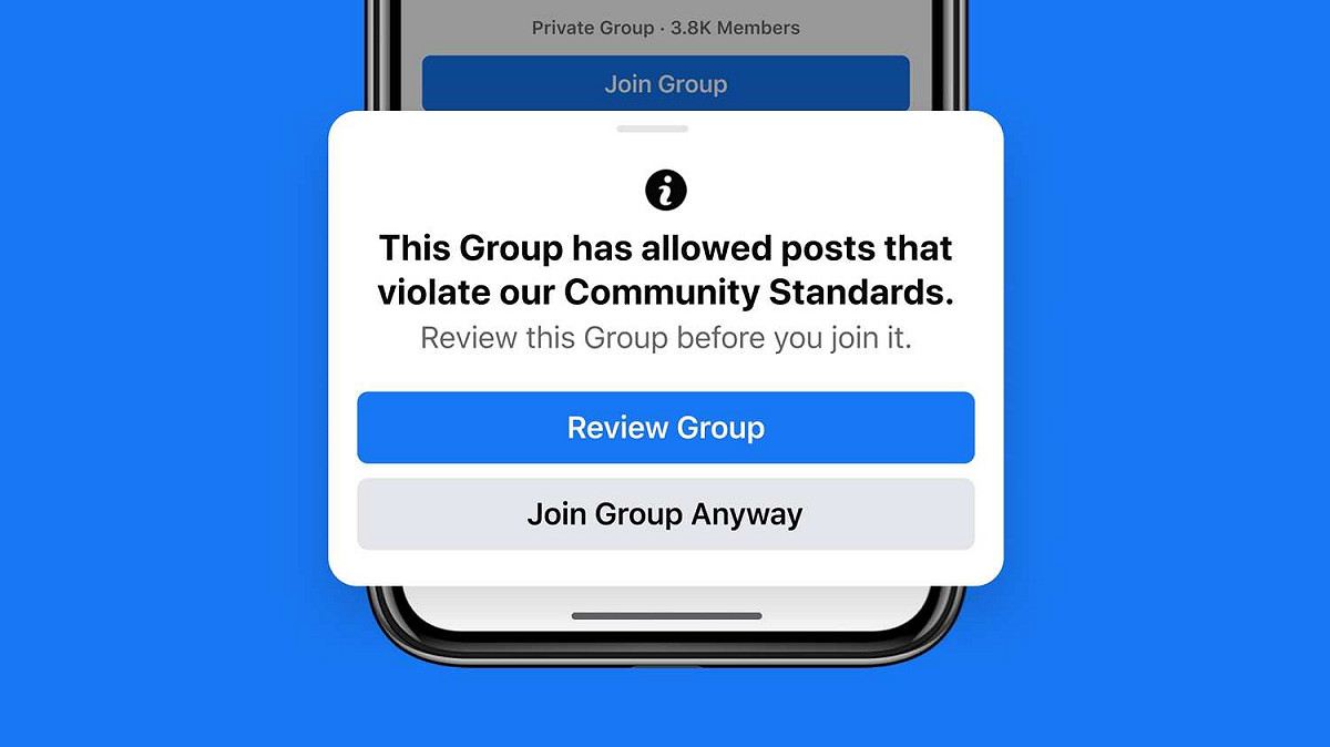 用戶在加入違規社團以前，臉書會跳出警告畫面。 圖：翻攝自Facebook