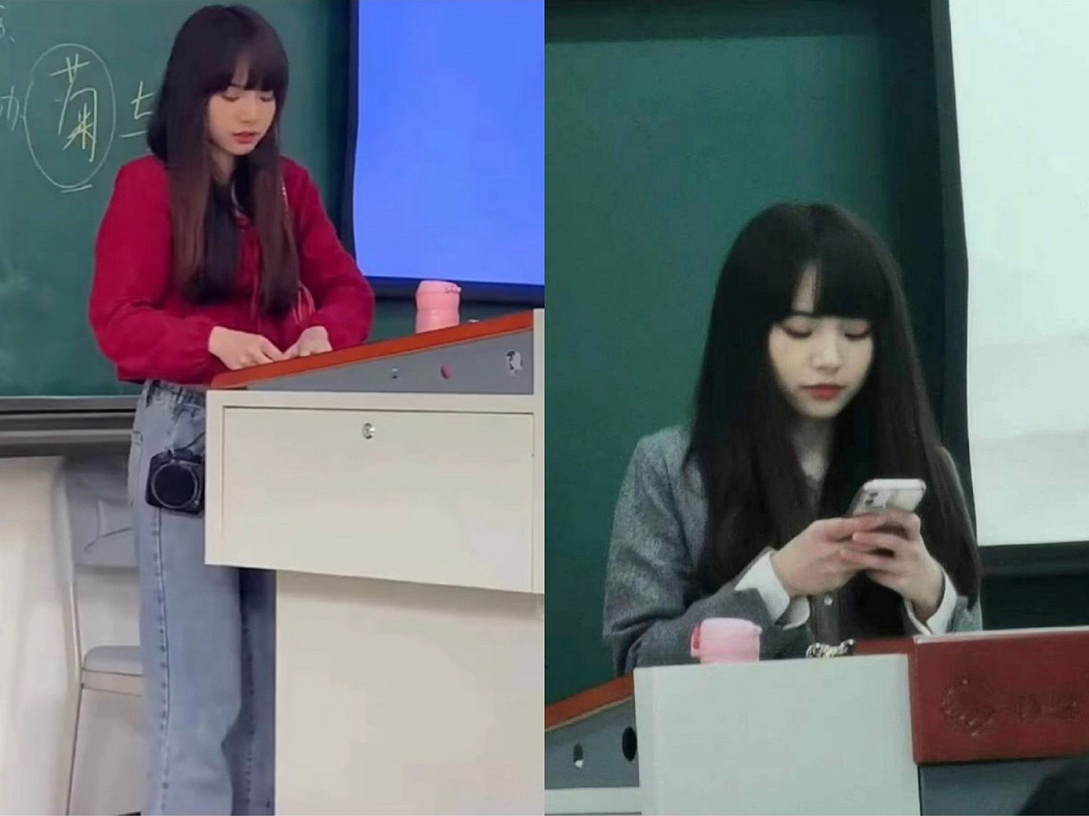 中國網上瘋傳一位正妹老師上課照，因神似Lisa在網路上瞬間爆紅。 圖：翻攝自微博