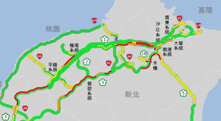 國道北部路況「紅通通」，南下多處路段時速不到40公里。 圖：擷取自高速公路1968即時路況
